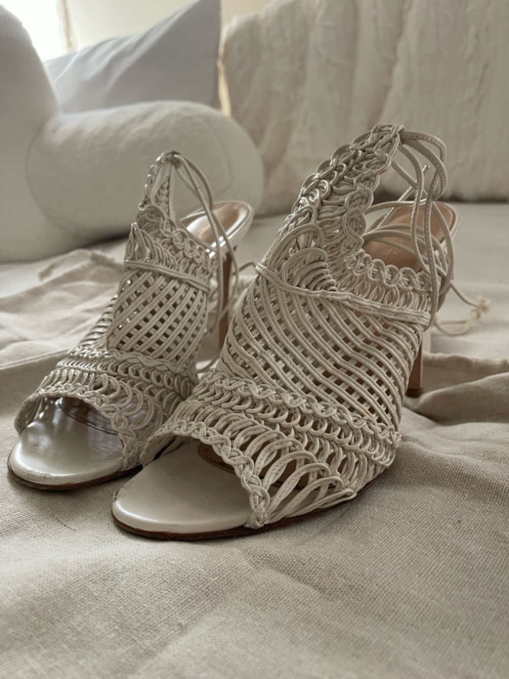 Gianvito Rossi Cream Macramé Lace-Up Peep-Toe Heels